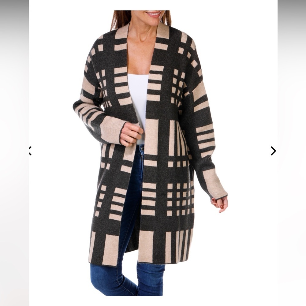 Open-Front Checked Long Cardigan Sweater - Gray & Beige